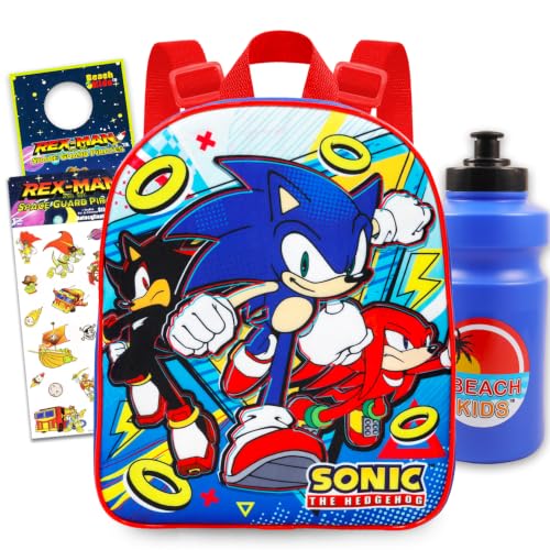 Sonic the Hedgehog Mini Backpack for Kids Bundle - 12" w Adjustable Straps | Sonic Small Backpack w Pocket for Travel & Daypack w/ Water Bottle, Stickers, More ~ Fits Girls, Boys, Adults