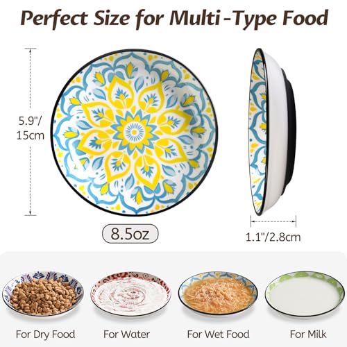 WROSWT Non-Slip Cat Bowl,Ceramic Cat Food Bowls with Silicone Bottom, Anti-Whisker Fatigue Cats Dishes Set, Shallow & Wide Kitten Plates for Food and Water, 4 Pack - size: Bohemian-4 Pack
