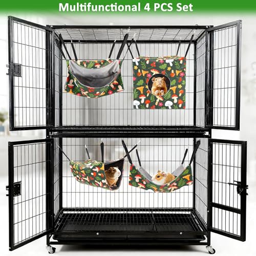 4 Pack Ferret Hammock Set for Cage Comfort Rat Bedding Accessories | Soft Small Animal Hanging Hammock Hideaway Tunnel Toys Cage Accessories for Guinea Pig Hedgehog Sugar Glider Green Mushroom