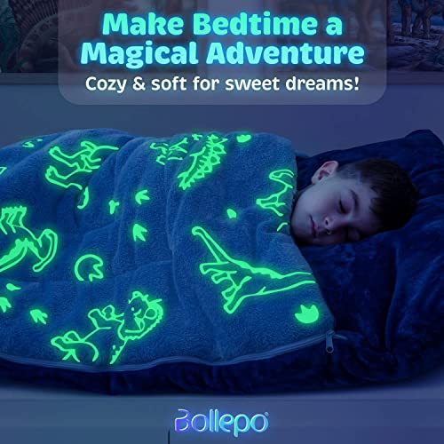 Kids Sleeping Bag for Boys & Girls - Glow in The Dark for Ages 3+, Large With Pillow Pocket, Extra Soft Toddler Blanket (66" x 33") - color: Blue - Dinosaurs