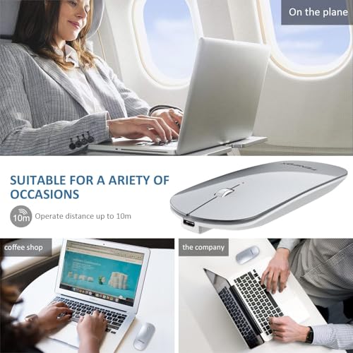 FENIFOX Wireless Bluetooth Mouse, Slim Travel Silent Rechargeable Silver | Flat, Portable, Whisper Quiet, 3 Buttons Design , 2400 DPI Precision for iPad Laptop MacBook Tablet iPhone - color: Silver