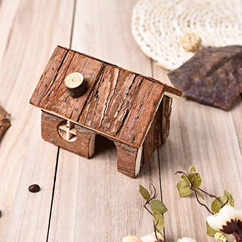 Hypeety Natural Wooden Hamster House Cage Small Animals House with Chimney | Natural solid wood, chew-proof and ventilated play house, for hamsters/gerbils/mice, no assembly required, 5.1x4.3x3.5'', S - size: S