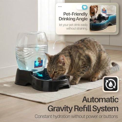 Flexzion Gravity Pet Water Dispenser for Cats & Small Dogs, 1/4 Gal Black | Automatic Cat and Dog Waterer with 900 Ml Reservoir, Non-Skid Feet, Recessed Carry Handle, and Easy-Clean Pp Bowl - color: Black, size: 1.5 L