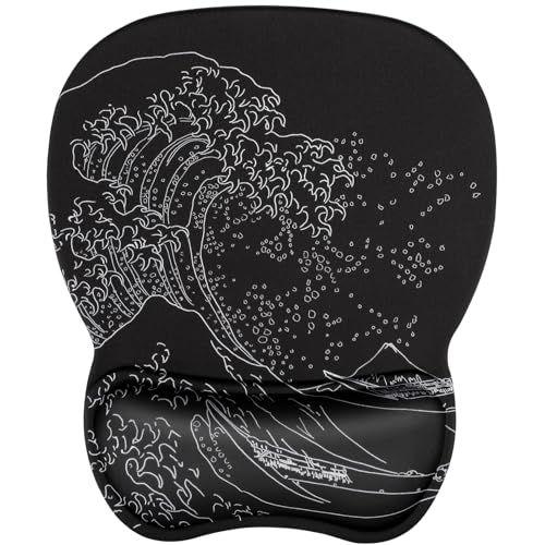 MROCO Ergonomic Mouse Pad with Gel Wrist Rest, 9.4 x 8.1 in, Kanagawa Wave | Ergonomic Shape Design, Multiple Pattern Options, Gel Wrist Comfort, Smooth Lycra Surface, Non-Slip PU Base - color: Kanagawa Wave