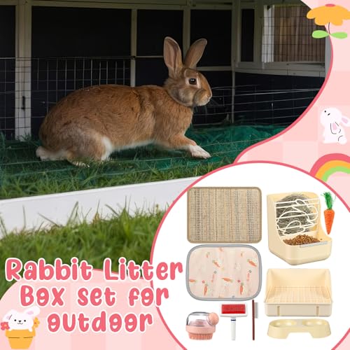 Honeydak 10 Pcs Rabbit Starter Kit Small Litter Box Bunny Grooming Kit Scratch Pads Hay Feeder Bowl Ice Pad with Bunny Toys for Guinea Pig Rabbit Accessories(Beige) - color: Beige