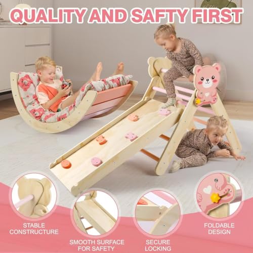 Pikler Triangle Set with Cushion, 7 in 1 Toddler Climbing Toys Indoor | Foldable Space-saving Design, Montessori-inspired Learning, Reversible Slide & Ramp, ASTM F963 Standards for Toddlers 18M-5Y - color: Bear