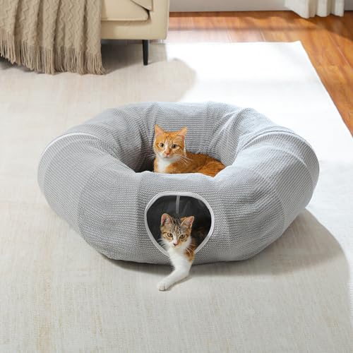 PEQULTI Cat Donut Tunnel with Bed for Indoor Cats, Cat Play Tunnel with Washable Soft Plush Mat, Round Tube Toys Cute Tube for Kittens, Puppies, Rabbits and Ferrets, Grey - color: New Gray