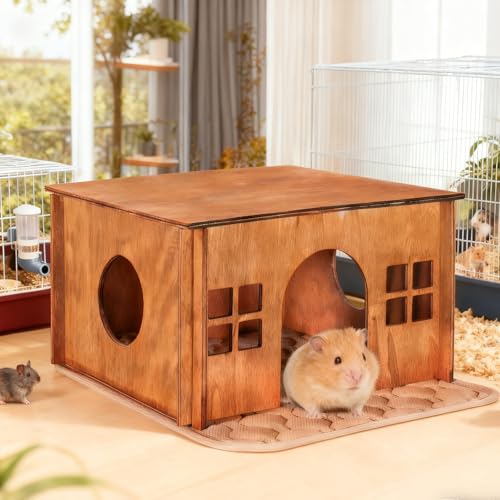 Wooden Guinea Pig Hideout, Small Animal Houses Habitats,Large Hideout House for Small Rabbit Chinchilla Gerbil, Sturdy Hamster Hideout Bed Hutch Bunny Cage - color: Brown Style 1, size: Medium