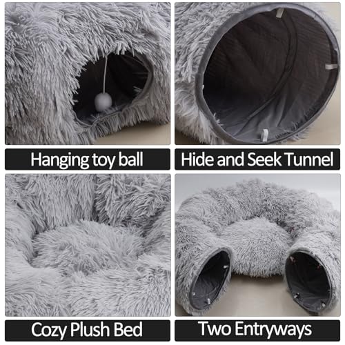 Indoor Cat Tunnel Bed with Central Mat, Under Christmas Tree Soft Fluffy Plush Collapsible Multi-Combinations Cat Donut Bed for Cats, Rabbits, Ferrets, Small Animalls(Gray) - color: Grey