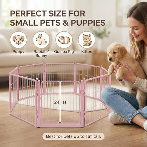24" Pink Dog Playpen, 8-Panel Heavy Duty Metal Square Tube Puppy Pen | Indoor Outdoor Foldable Pet Exercise Fence with Gate for Small Dogs, Cats & Rabbits, Tool-Free DIY Shape Enclosure - color: Pink, size: 24inch