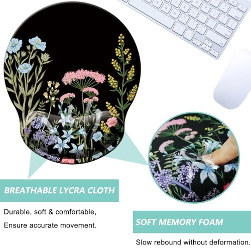 Mouse Pad with Wrist Support, Ergonomic Mouse Pad with Memory Foam Wrist Rest Cushion, Non-Slip Rubber Base Gaming Mice Pad for Home Office Computer Laptop, Flowers Black - color: M27-Flowers