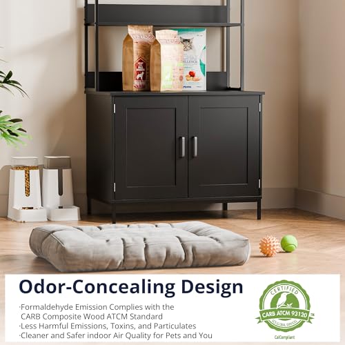Cozy Castle Cat Litter Box Enclosure with Storage, 57'' Hidden Cat House Furniture, Wooden Cat Cabinet with Shelves & 4 S-Hooks, Indoor Cat Litter Box Organizer, Black - color: Black