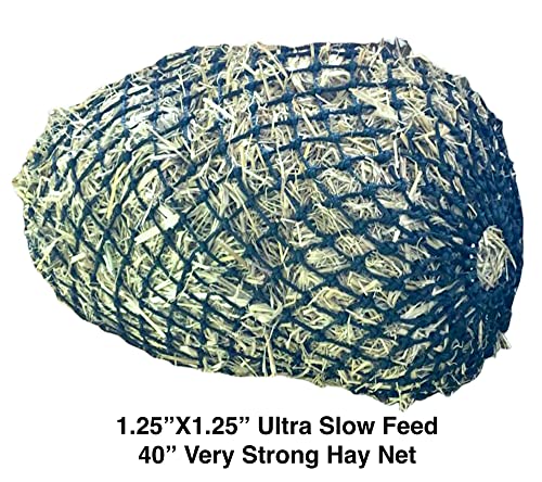 Majestic Ally 1.25”x1.25” Holes Ultra Slow Feed 40” Very Sturdy Hay Net with Bottom Ring for Goat, Sheep, Simulate Grazing and Reduces Waste (Black) - color: Black