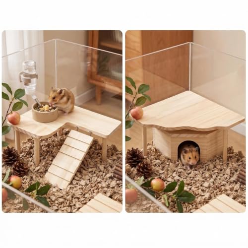 Hamster Platform Set, 2-Piece Wooden Modular Playground & Hide, Cage Accessories for Dwarf Syrian Hamsters, Gerbils, Mice, Degus (Rectangle2+Corner)