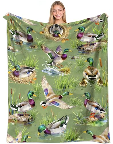 Mallard Duck Blanket Gifts Soft Lightweight Flannel Wild Ducks Throw Blanket Mallard Duck Gift Bedding Decor for Couch Bed Travel 50"x40" - color: Green Mallard Duck