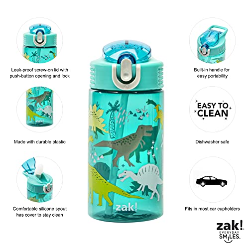 Zak Designs Dinosaur 16oz Leak-Proof Straw Kids Water Bottle, Plastic - color: Dinosaur, size: 16 Ounces
