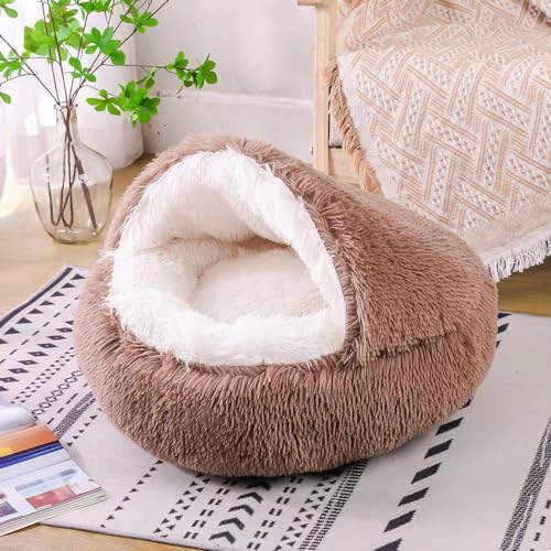 Round Fluffy Hooded Cat Bed Cave, Anti-Anxiety Cave Bed with Blanket | Hooded Cat Bed Cave, Cozy Cuddler Luxury Puppy Pet Bed, Anti-Slip Bottom and Machine Washable - color: Brown, size: Large
