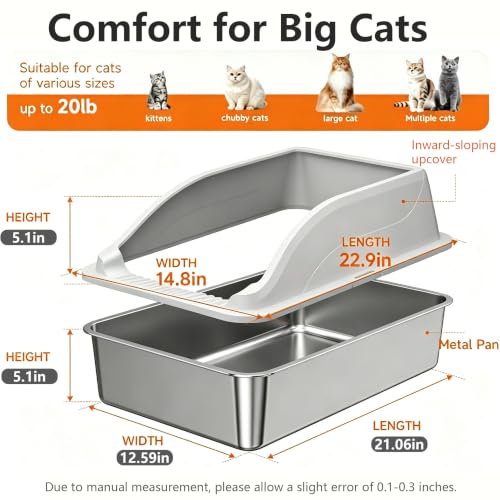 Stainless Steel Cat Litter Box, Extra Large XL Odor Free Metal Litter Box with High Sides Lid, Open Top Litter Pan Include Scoop Easy Cleaning Kitty Cat Box Anti-Urine Leakage, Non-Sticky - color: Light Grey XL