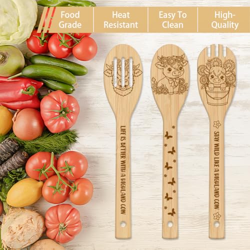 GLOBLELAND 6 Pcs Cartoon Highland Cattle Wooden Spoons Utensil Set Flowers Animals Bamboo Carving Kitchen Cooking Utensils Wooden Engraved Cooking Spatula Sets for Kitchen Fun House Warming Gift - color: Highland Cattle