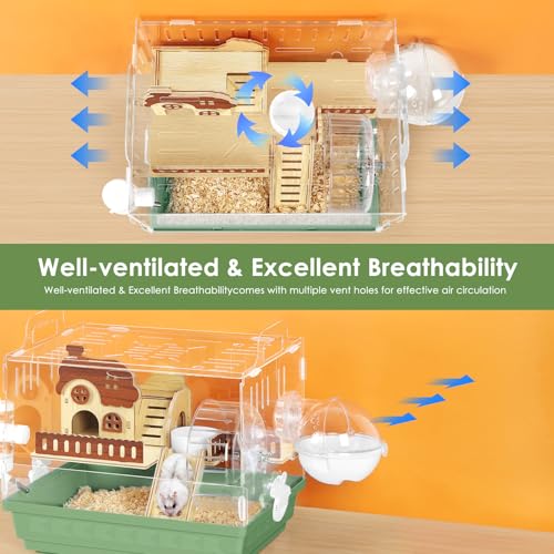 Acrylic Hamster Cage Clear Hamster Houses for Small Pet Mice | Running Wheel, Hideout, Food Bowl, 360 Viewing Transparent Pet Mice Cage for Syrian Dwarf Hamsters, Gerbils, Green - color: Green