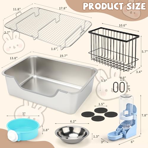 BWOGUE Extra Large Stainless Steel Rabbit Litter Box, Bunny Litter Box Kit | Large Rabbit Litter Box, High Sides Help Reduce Mess, Raised Grid, Hay Feeder & Waterer Kit, Easy to Clean, Rabbits - size: L:19.7in ×13.8in × 5.9inches