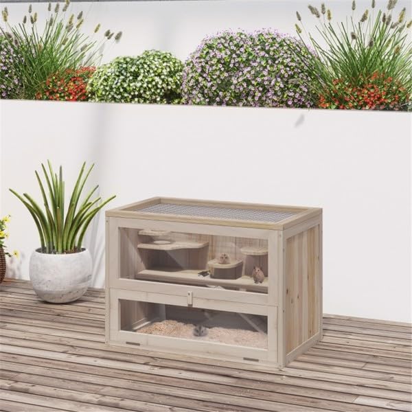 Wooden Hamster Cage, Small Hamster Cages Animal Habitat with Multi-Level Platforms, Natural Wood Chew- Enclosure for Hamsters and Dwarf Small Hamster cage Rats, Includes Exercise