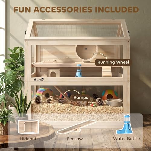 PawHut Wooden Hamster Cage for Small Gerbil, Mice 30" x 18" x 30" | 3-Tier Small Animal Cage, Hut, Seesaw, Ramps, Exercise Wheel, Acrylic Panel, Bottom Tray, Dwarf Hamster Habitat