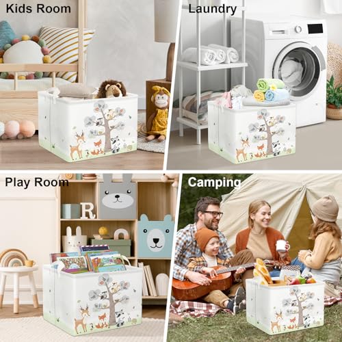 Clastyle 36L Large Woodland Animal Tree House Baby Basket Rectangle Deer Fox Squirrel Shelf Basket with Handle Collapsible Book Toy Clothes Towel Nursery Storage Basket | Waterproof Large Dirty Clothes Book Gift Toy Organizer Bin, Nursery Playroom Bedroom