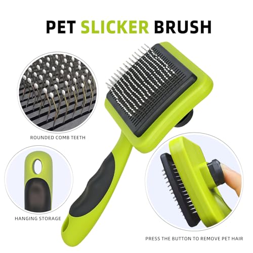 Green Self Cleaning Slicker Brush for Dogs&Cats for Shedding | Skin-Friendly,Bead-Tipped Metal Comb Teeth,TPR Overmolded Handle,Dog Brush for Shedding,Gentle Remove Loose Hair Tangles