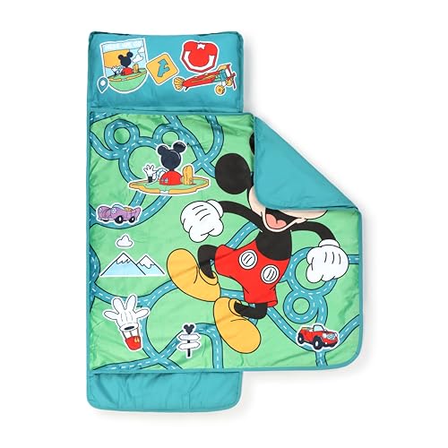 Jay Franco Kids Nap Mat with Embedded Pillow & Blanket – Soft 46"x20" Microfiber Sleeping Bag with Name Tag & Handle - style: Green - Mickey Mouse