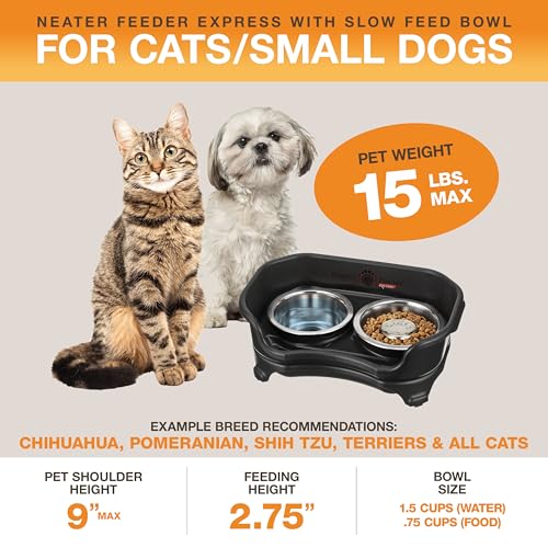 Neater Feeder Express Mess Proof Dog Bowls Elevated for Small Breed – Made in USA – No Spill Raised Slow Feeder Elevated Dog Bowl Stand, Stainless Steel Food and Water Bowl Set, Black - color: Midnight Black, size: Small w/ Metal Slow Feed Bowl