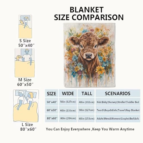Sweet Highland Cow Blanket Cute Calf Throw Blankets,Gifts for Kids Woman Adult,Lightweight Soft Fleece,Watercolor Flower Style,for Sofa Couch Bed Room Modern Artistic Decor 40x50in - color: Cow, size: 40x50in