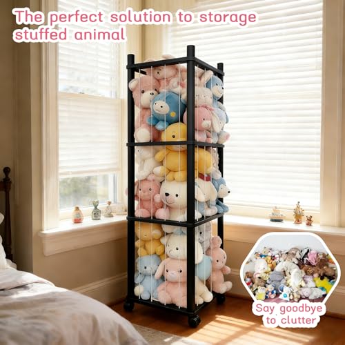 Stuffed Animal Zoo Storage with Lockable Wheels, Black | Sturdy Solid Wood Toy Organizer, Large Capacity Plush Toy Cage, Space-Saving for Toddler/Playrooms/Bedrooms - color: Black