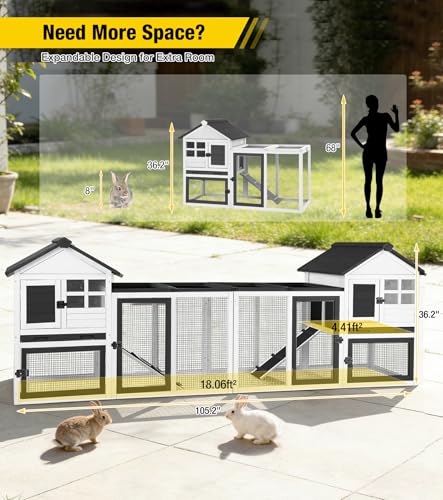 Aivituvin Two-Tier Rabbit Hutch Outdoor Bunny Cage Indoor with Weatherproof Roof Rabbit Cage with Chew-Proof Ramp and Pull-Out Tray for for Small Animals Black and White