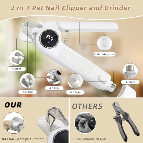 2-in-1 Quiet Electric Pet Nail Clipper & Grinder with Light for Dogs Cats | 3-Speed Grinding, Nail Catcher, Safety Guard, Low-Noise Motor, USB Rechargeable Design for Stress-Free Home Grooming - color: white