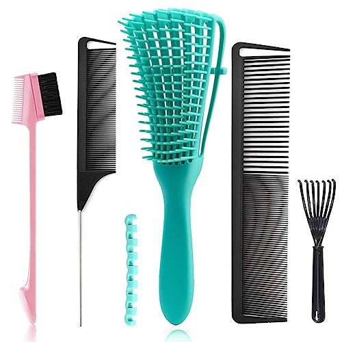 5 Pcs Detangling Hair Brush Set, Ez Detangler Brush With Edge Brush, Rat Tail Combs for Black Natural Hair Styling and Cuting, Curly/Straight/Wet/Dry/long/Short Hair Available for Women Kids Men - color: 5 Pieces (Hair Brush Set)