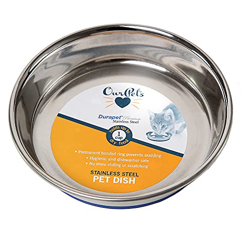 Our Pets DuraPet Stainless Steel Non-Slip (Cat Food Bowl or Water Bowl) (Holds up to 1 Cup of Wet or Dry Food) Easy to Clean | Holds wet or dry meals, easy to rinse clean, grippy base keeps it in place during mealtime, durable everyday feeding dish