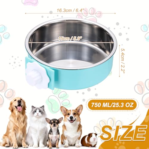 Crate Dog Bowl, Removable Stainless Steel Pet Cage Hanging Anti-Overturn Food Water Feeder Cage Cup (Round, Light Blue, 25.3oz), Intended for Puppies/Cat/Rabbit/Bird - color: Light Blue, size: 6.4"(25.3oz)