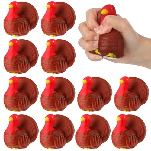Meooeck 12 Pcs Thanksgiving Turkey Party Favors Cute Animal Squeeze Toys Stress Relief Soft Turkey Fidget Toys for Kids Adults Office Harvest Party Favors Goodie Bag Filler Classroom Reward - color: Brown, style: Turkey