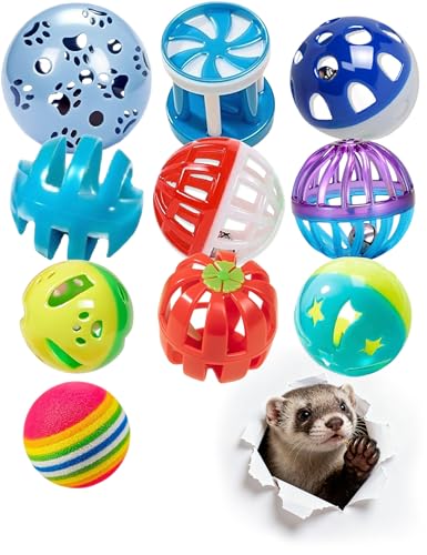 10-Pack Ferret Bell Ball Toys, Non-Toxic PP, Easy Clean | Smooth Polished Edges, Water-Resistant, Safe for Ferret Mouths/Paws - size: 1.5'' - 2.2''