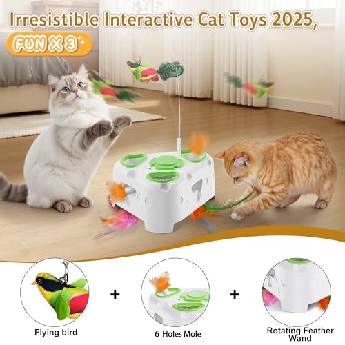 3-in-1 Automatic Interactive Cat Toy, Flying Bird, Mole & Feather | Rotating feather, 3 play modes, cheese-shaped non-slip base, USB-C rechargeable 1200mAh battery, 8-minute auto shutoff - color: White
