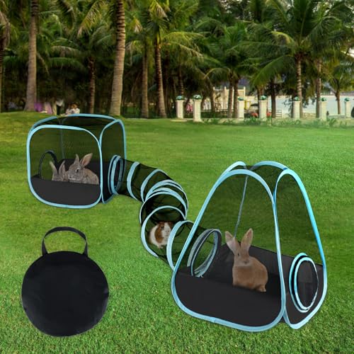Rabbit Playpen with Tunnel, Bunny Tunnel Tent for Indoor Rabbits | 3-Piece Tent and Tunnel Set, Breathable Mesh, Pop-Open Setup, 50.4 x 9.8 in Tube, Indoor Outdoor Use, Rabbits and Ferrets