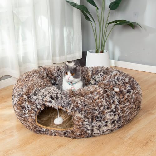 Warm Fluffy Plush Cat Tunnel Bed with Washable Cushion- Big Tube Playground Toys 3 FT Diameter Collapsible, for Indoor Cat Kitty Kitten Puppy Rabbit Ferret Leopard Print - color: Leopard