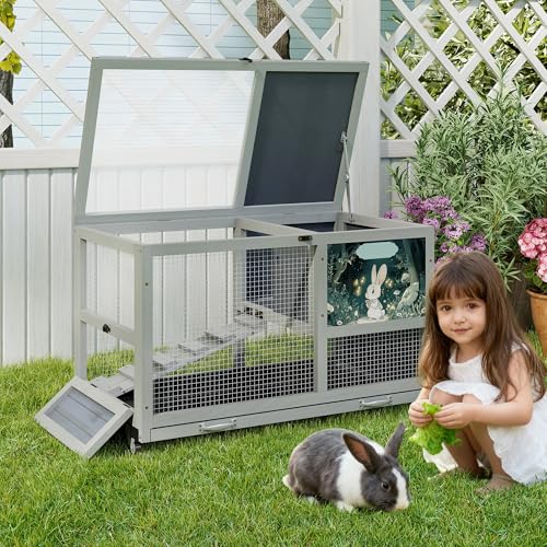 COZIWOW 36.5-Inch Double-Decker Wooden Rabbit Hutch with Wheels, Featuring A Cleaning Tray and Ladder—Stylish and Easy to Assemble（Grey and Pattern） - color: Grey and Pattern