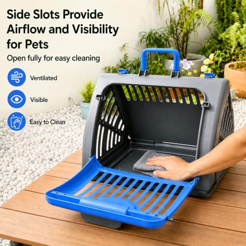 Foldable Portable Pet Carrier, Cat Carrier with Opening Door | Hard-Sided Travel Cat Carrier for Cats & Small Pets up to 25lbs, Blue - color: Blue