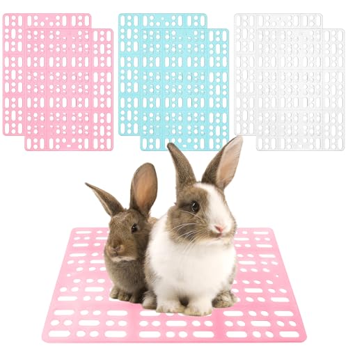 6 Pack Pet Cage Mats 13.3"x9.8" Plastic Leak-Proof Floor Pads with Buckle (Blue/Pink/White) for Rabbits, Guinea Pigs Small Animals