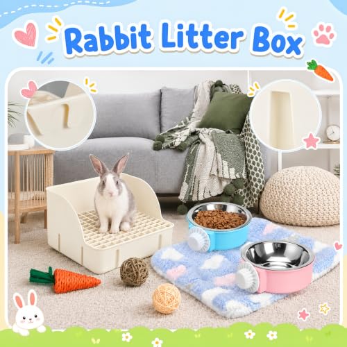 Reallnaive 15 Pcs Rabbit Starter Kit Small Rabbit Litter Box Girls Gift Animal Grooming Kit Bunny Toys Bowl Blankets with Cleaning Set for Guinea Pig Accessories(Cream White) - color: Cream White