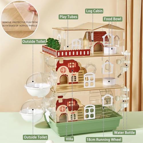 17 in 1 Clear Acrylic Hamster Cage with All Accessories,13.5''L* 10''W* 21''H Dwarf Hamster Cage,Magnetic Connection Small Hamster Enclosure,Garden Style Wooden Pet Mouse Cage for Pet Mice(3-Layer) - color: Green, size: 13.4"L x 10.2"W x 20.5"H