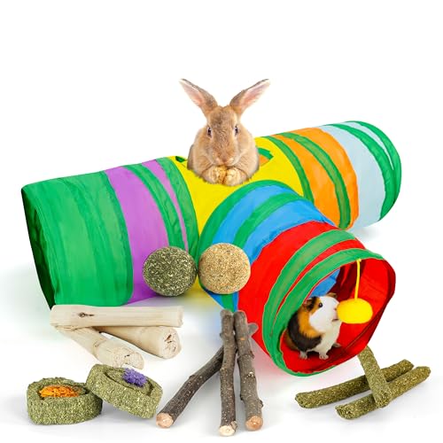 Bunny Tunnels & Tubes Collapsible 3 Way Rabbit Hideout with 13pcs Toys for Bunny Guinea Pig Hamster Chinchilla Hedgehog Rat Ferret Kitten (Colorful) - color: Colorful