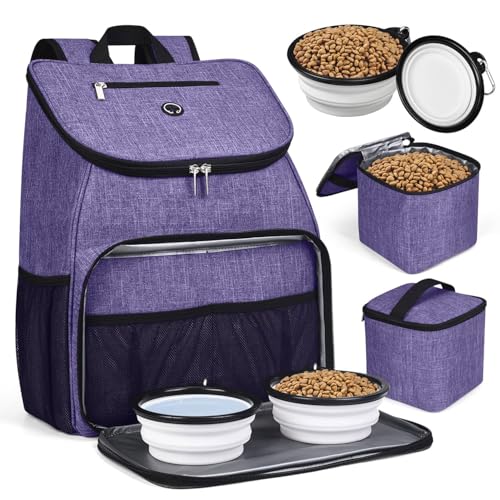 BAGLHER丨Dog Travel Bag, Airline Approved Pet Supplies Backpack, Dog Travel Backpack Accessories Set with 2 Silicone Collapsible Bowls and 2 Food Baskets. Purple - color: Purple-A